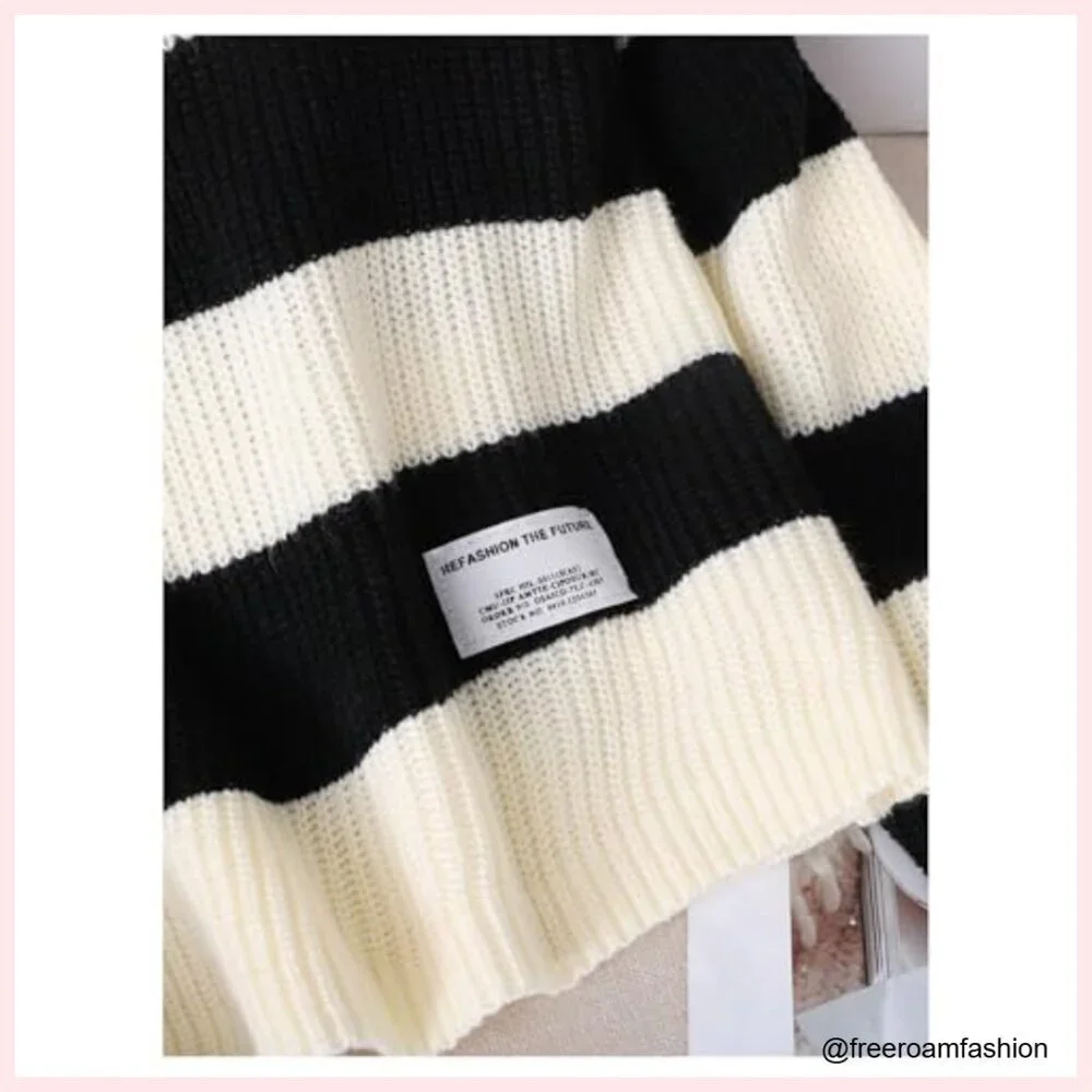 Girls Striped Pullover Sweater Long Sleeve Collar Letter Patched Knit Top